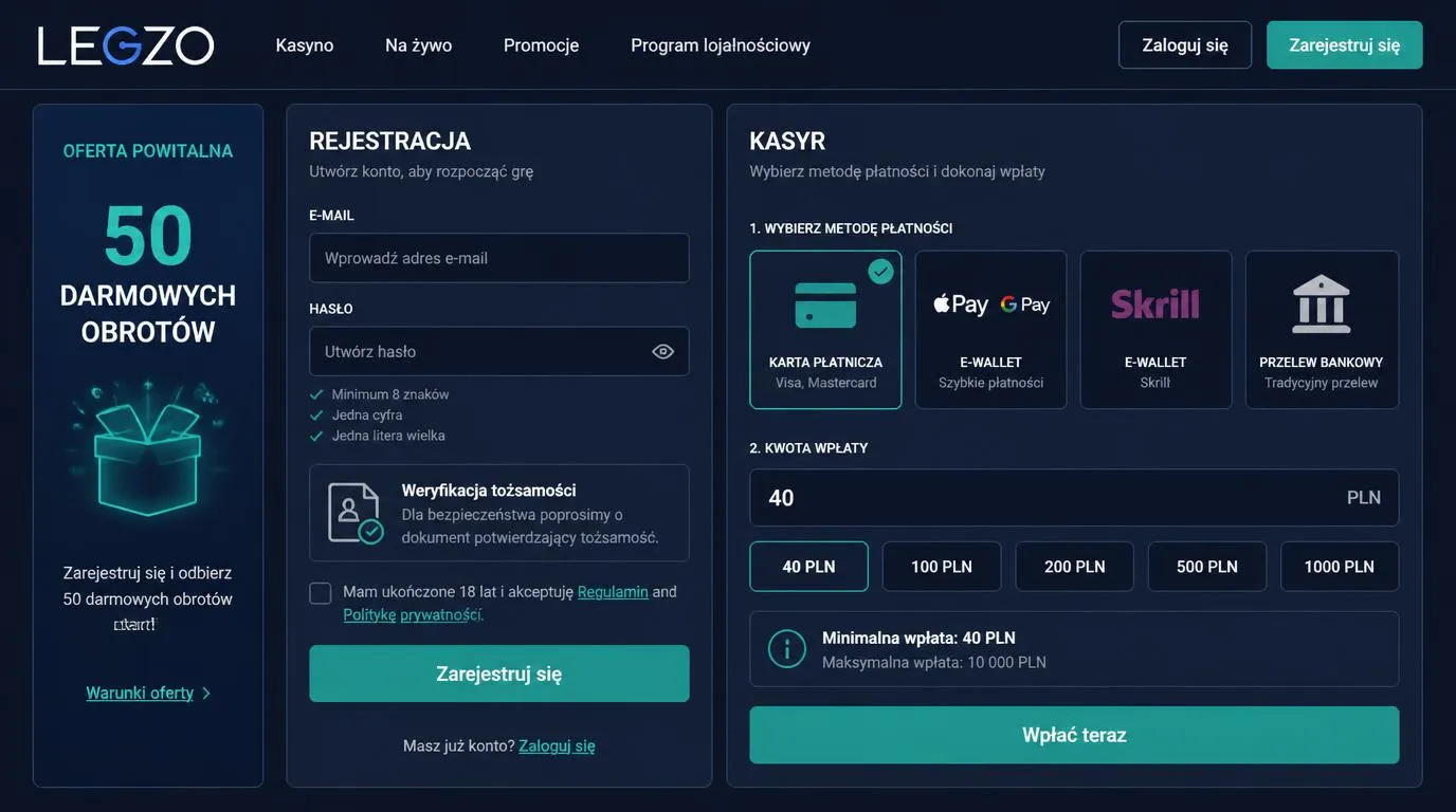 Ekran rejestracji i kasa kasyna z wyborem płatności oraz informacją o minimalnej wpłacie 40 PLN