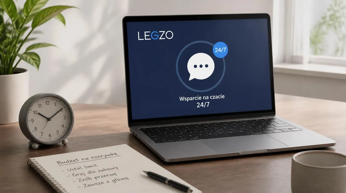 Laptop z symbolem czatu 24/7, obok zegar i notes z planem wydatków na grę