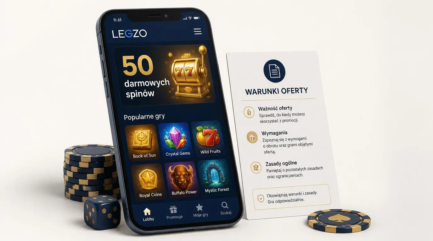Telefon z ilustracyjnym widokiem oferty 50 darmowych spinów i wyborem gier